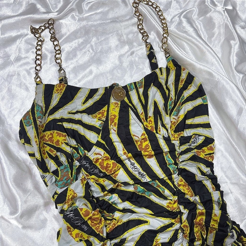 y2k Apple Bottoms Ruched Tank Top Yellow Chain Straps Animal Print
